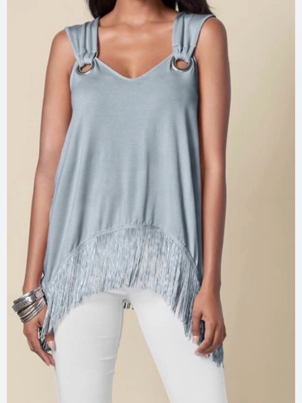 VENUS Light Blue Fringe Ring-Shoulder Tank Top
